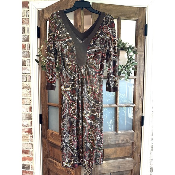 Women's Brown‎ Floral Paisley V Neck Dress Size 6 Boho Hippie - Picture 1 of 6